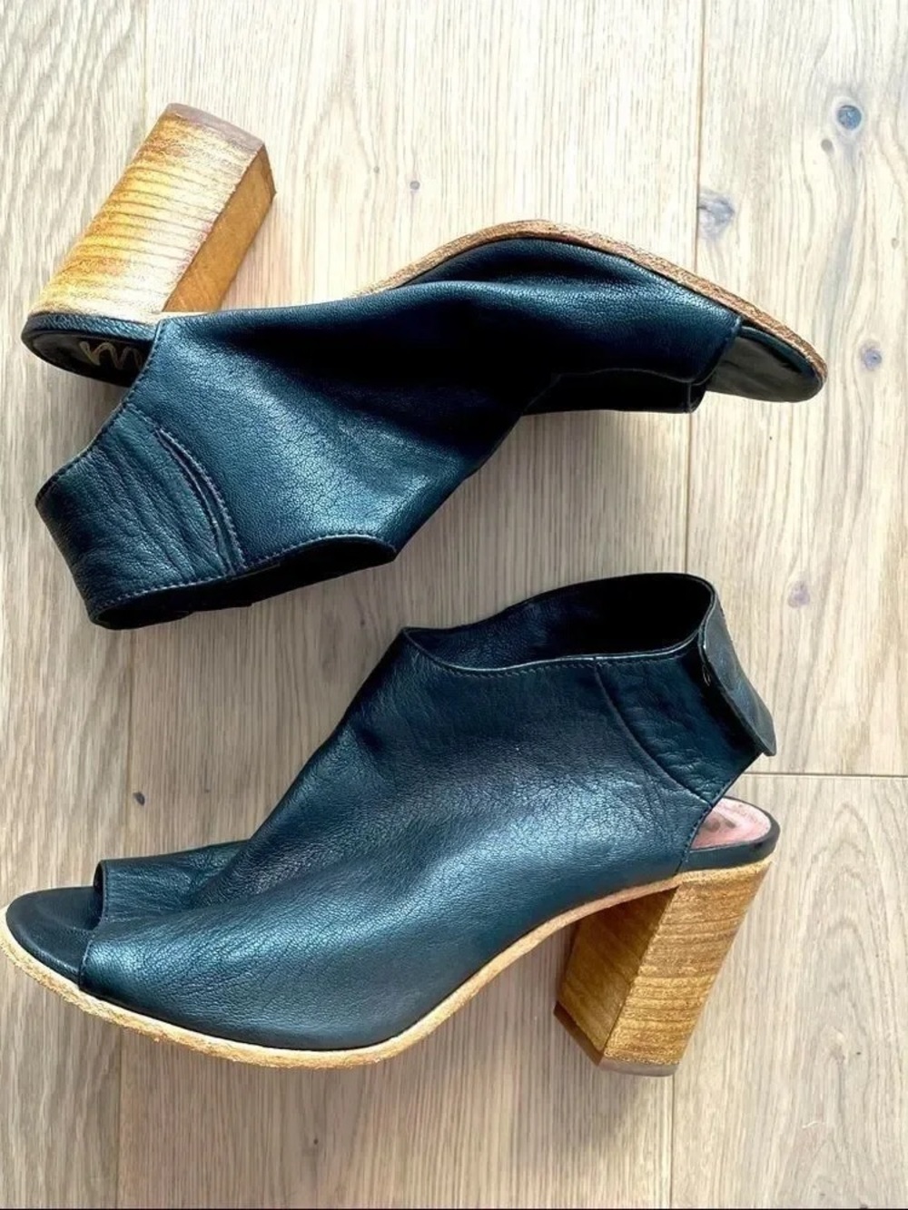 Women’s Black Leather Open-Toe Block Heel Booties